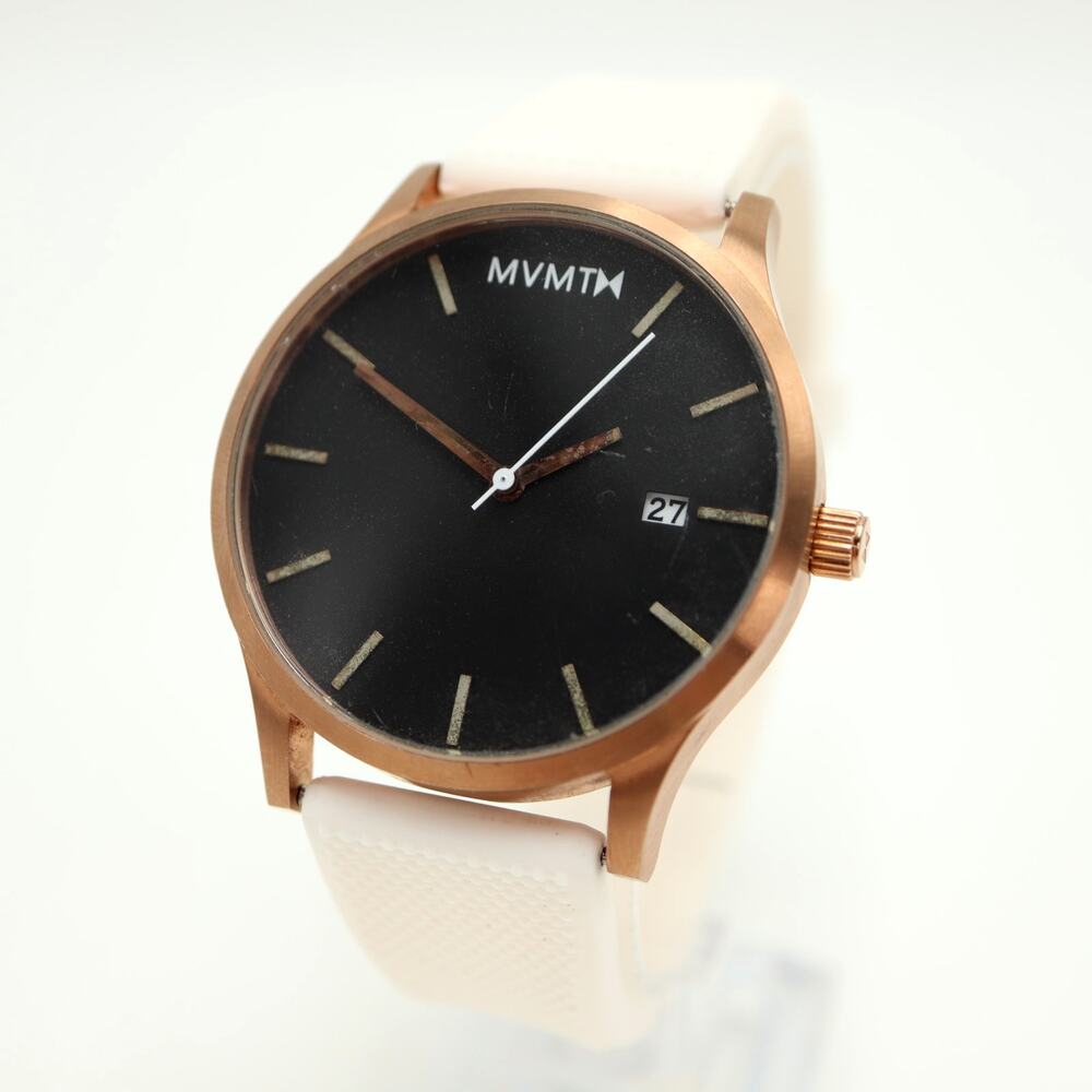 MVMT Mens 45mm Date Watch Black Dial White Silicone Rose Gold Tone w New Battery